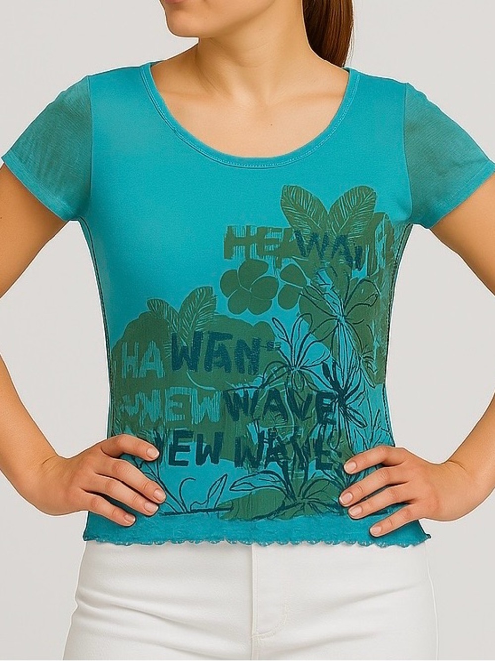 Mexx Top Graphic T-shirt Mesh Front Lettuce Hem, Tie Dye Blue/Green/Khaki M